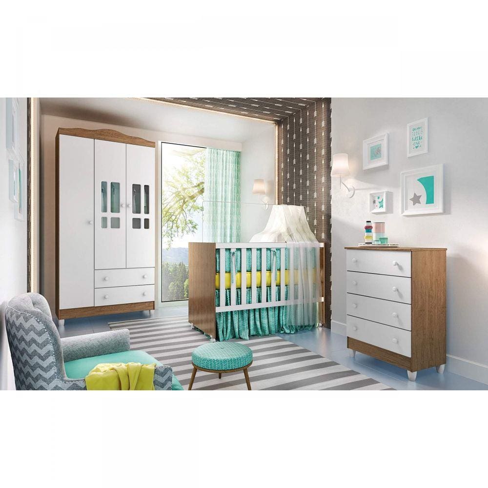 Quarto de Bebê Completo 3 Portas com Comoda 4 Gavetas Lidi Carolina Baby Amadeirado Rústico