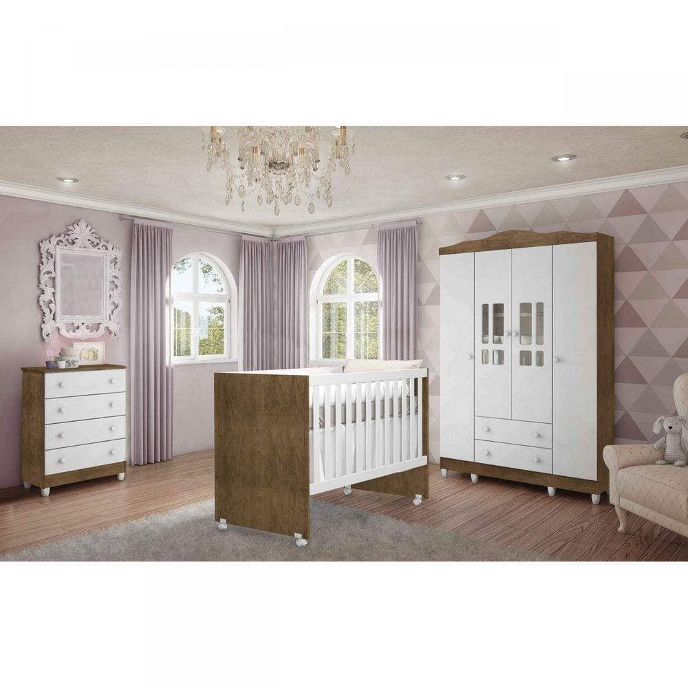 Quarto de Bebê Completo 4 Portas com Cômoda 4 Gavetas Lidi Carolina Baby Amadeirado Rústico