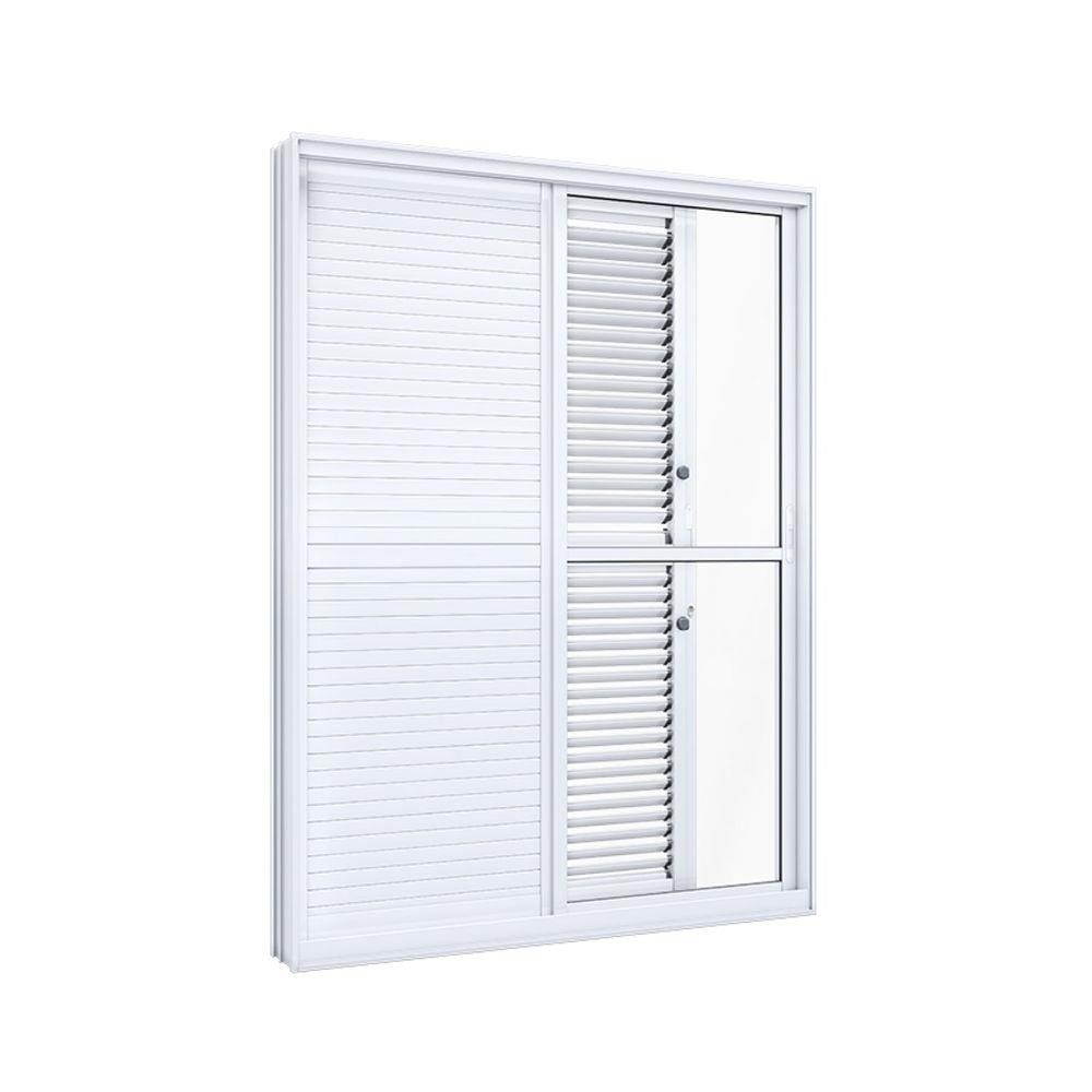 Porta de Alumínio Balcão de Correr Lateral Flex 2 Folhas Móveis 1 Fixa Lucasa Eccellente 214,5cmx150cmx13cm Branco