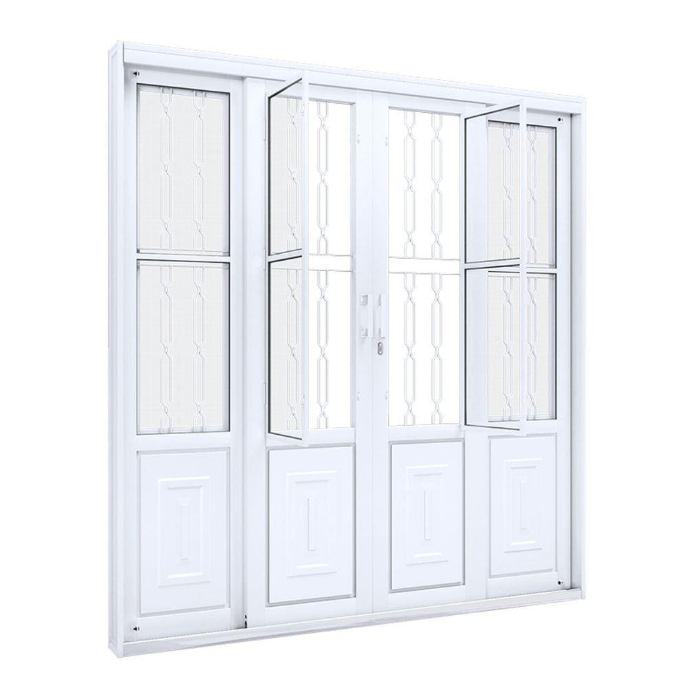 Porta de Correr Aço Central com Postigo e Grade Mosaico 2 Folhas Móveis e 2 Fixas Lucasa Facilità 213cmx200cmx13cm Branco