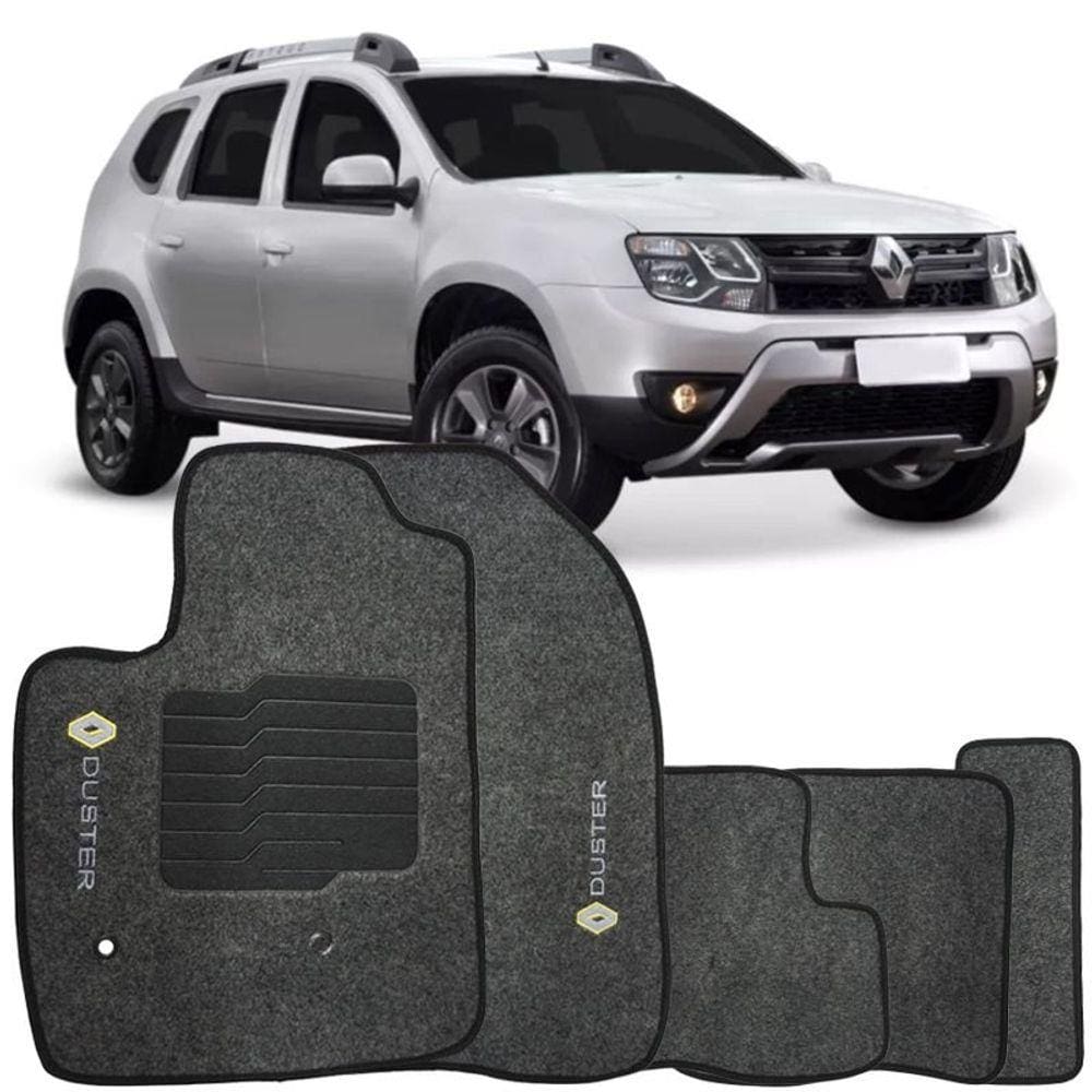 Jogo de Tapete Automotivo Carpete Renault Duster 2016 à 2019 Soft Logo Bordado Grafite 5 Peças