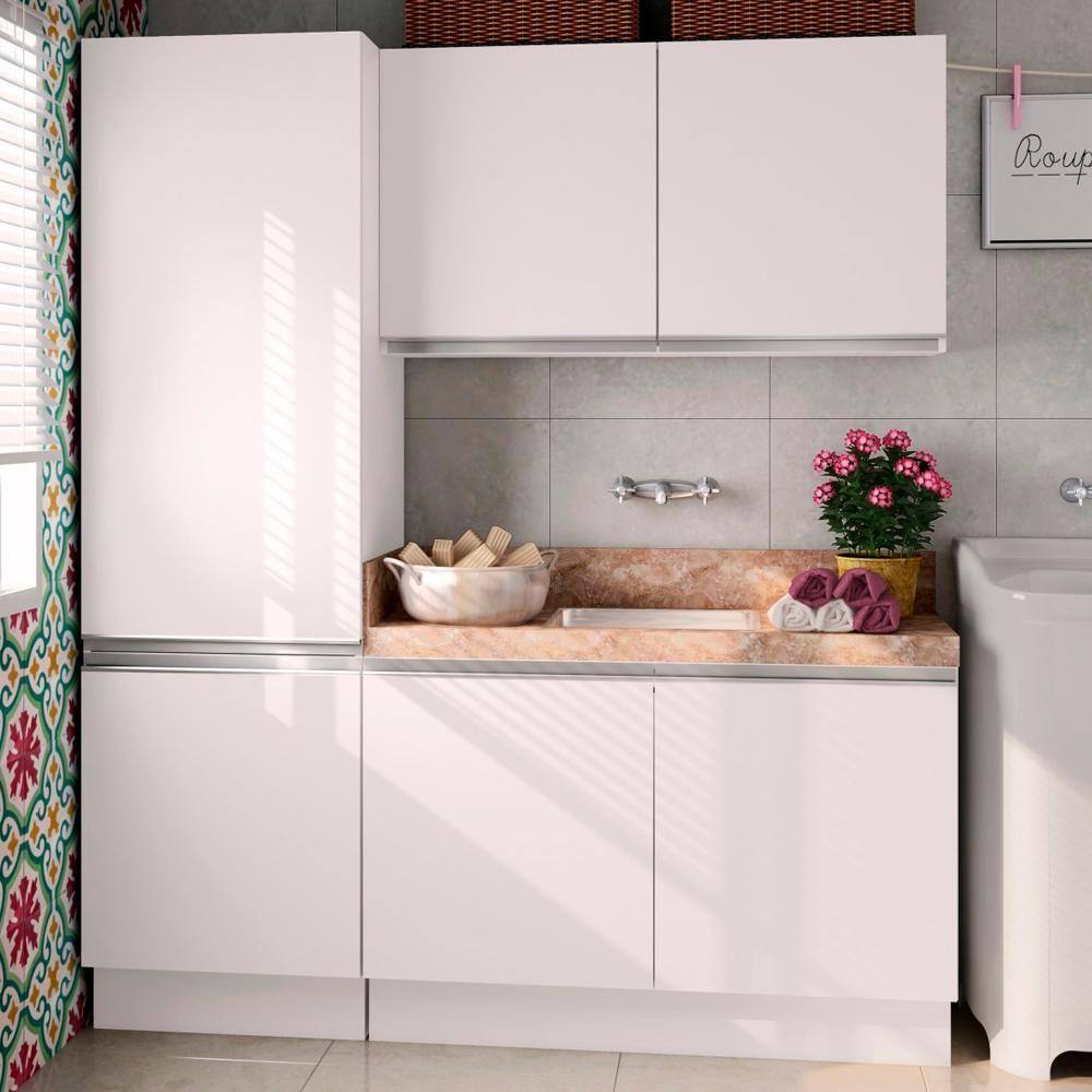 Kit Área De Serviço Madesa Acordes 100% MDF com Armário e Balcão Portas Branco Brilho