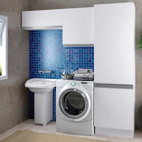 Kit Área De Serviço Madesa Acordes 100% MDF com 2 Armários e Torre Portas Branco Brilho