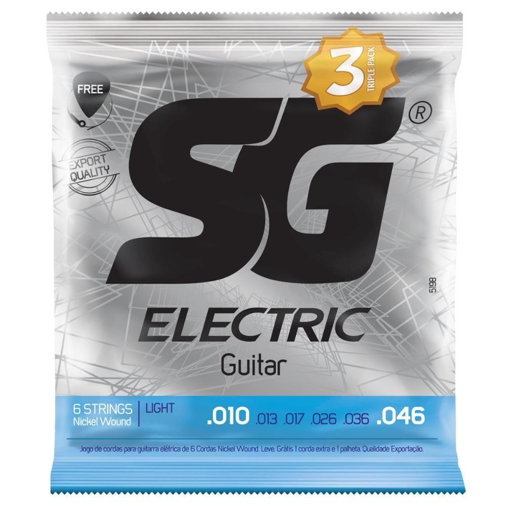 Kit 3 Encordoamento Guitarra 010 Leve SG + 1 Corda Mi Extra + 1 Palheta