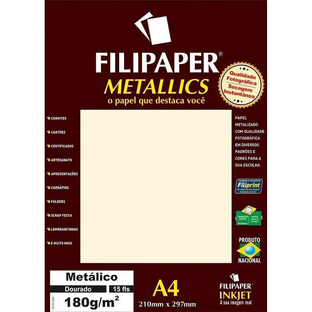 Papel Dourado Metálico A4 210X297Mm 180G Filipaper 15 Folhas