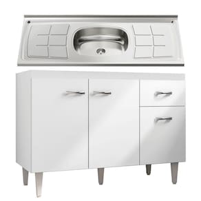 Balcão Gabinete Gabriela com Pia Inox 120cm 3 Portas Branco/Preto - AJL Móveis