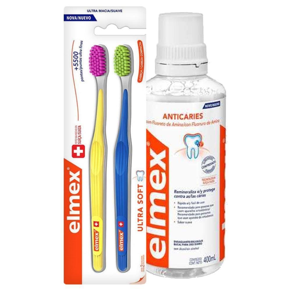 Kit Elmex Escova Dental Ultra Soft 2 Un + Enxaguante Bucal 400ml