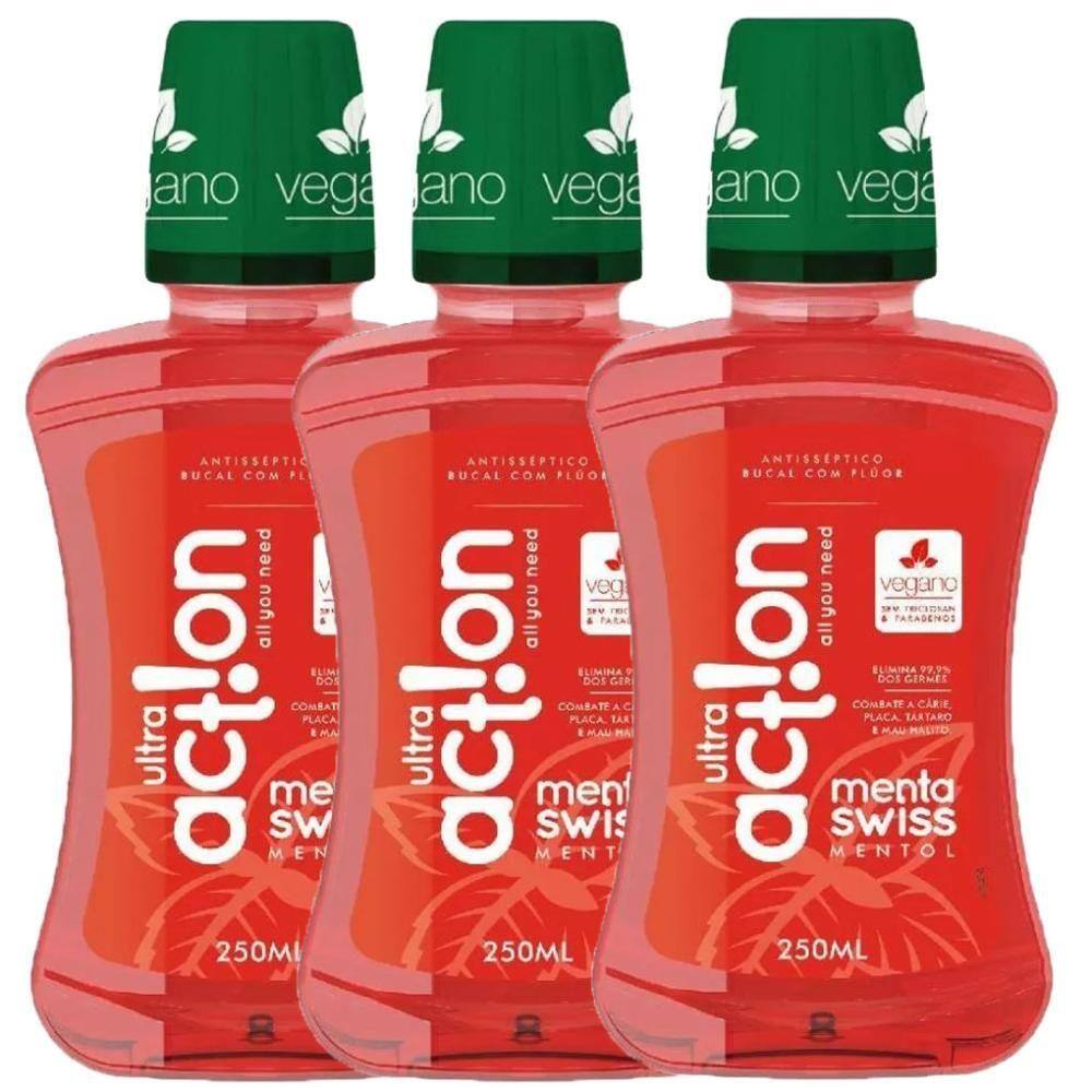 Kit 3 Antissépticos Bucal Ultra Action Menta Swiss 250ml