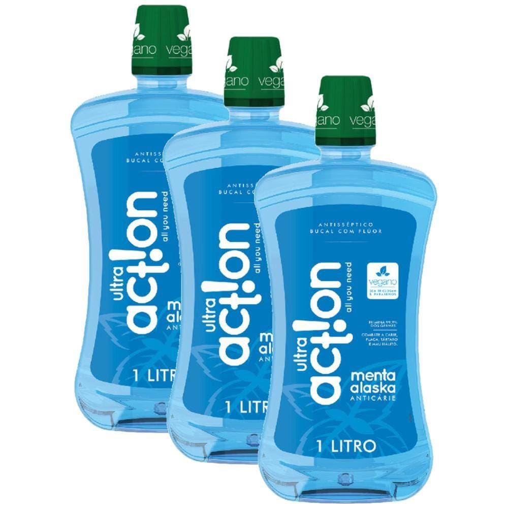 Kit Antisséptico Bucal Ultra Action Menta Alaska 1L com 3 unidades