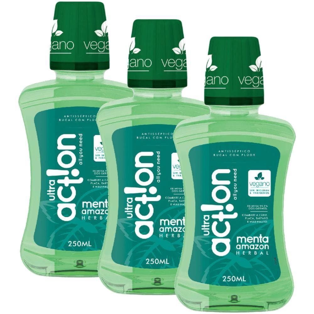 Kit Antisséptico Bucal Ultra Action Menta Amazon 250ml com 3 unidades