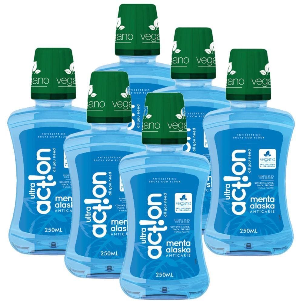 Kit Antisséptico Bucal Ultra Action Menta Alaska 250ml com 6 unidades