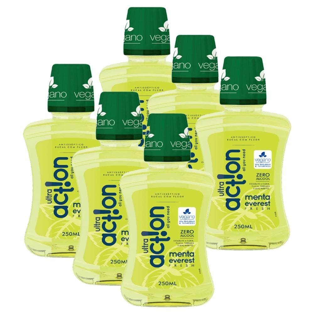 Kit Antisséptico Bucal Ultra Action Zero Alcool Menta Everest 250ml com 6 unidades