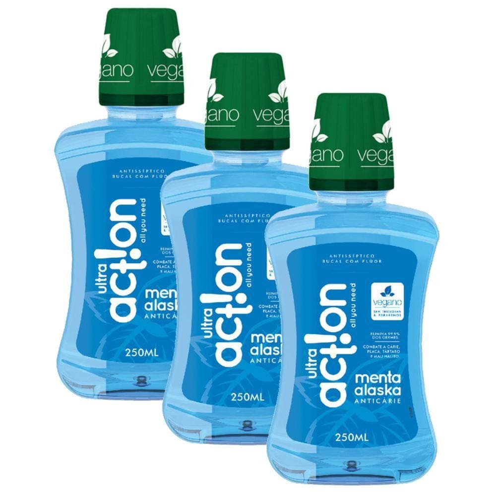 Kit Antisséptico Bucal Ultra Action Menta Alaska 250ml com 3 unidades