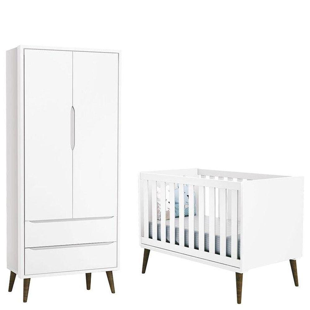 Berço Americano e Guarda Roupa 2 Portas Infantil Theo Acetinado com Pés Amadeirado - Reller
