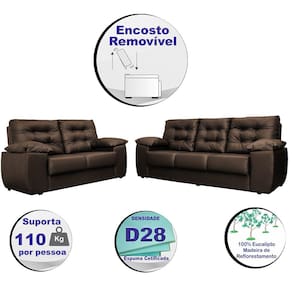 Conjunto Sofá Luxemburgo 3 E 2 Lugares 1,52m e 2,02m Courino Marrom