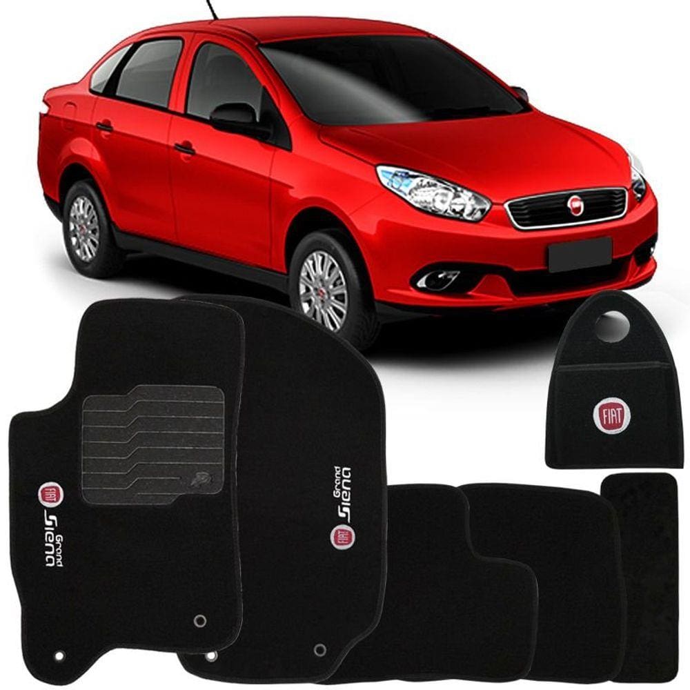 Jogo Tapete Automotivo Carpete + Lixeira Grand Siena 2012 à 2018 Soft Logo Bordado Preto 6 Peças