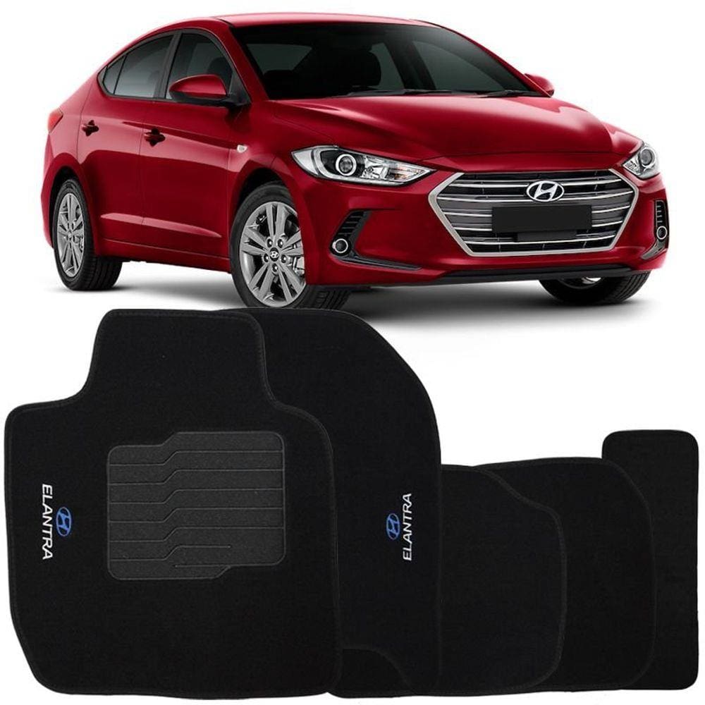 Jogo de Tapete Automotivo Carpete Hyundai Elantra 2010 à 2018 Soft Logo Bordado Preto 5 Peças
