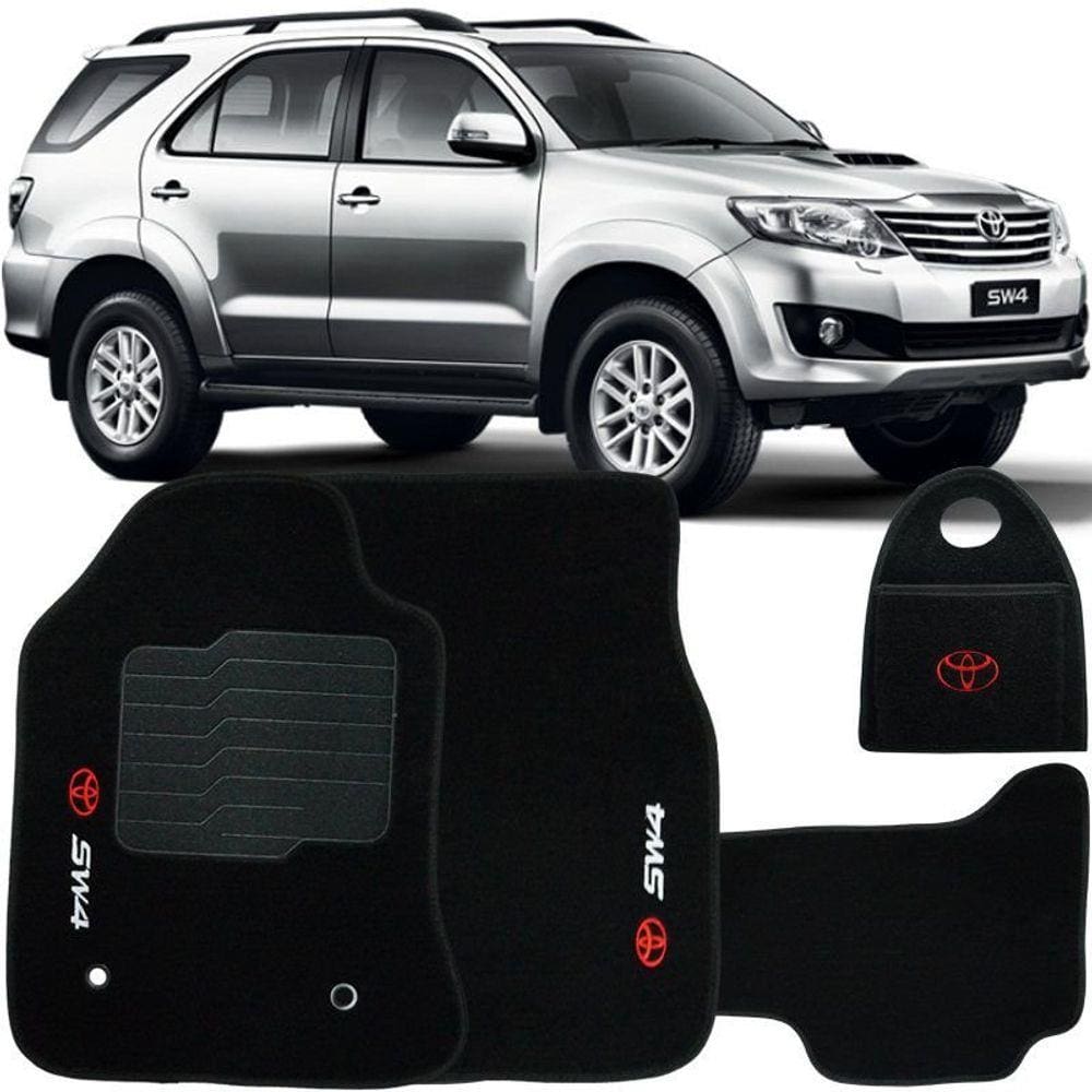 Jogo Tapete Automotivo Carpete + Lixeira Toyota Hilux SW4 2006 à 2015 Soft Logo Bordado Preto 6 Pçs