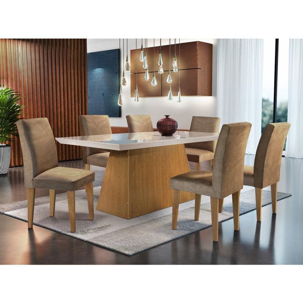 Conjunto De Mesa De Jantar Luna Com Vidro E 6 Cadeiras Grécia