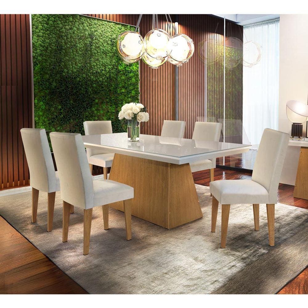 Conjunto De Mesa De Jantar Luna I Com Vidro E 6 Cadeiras Grécia