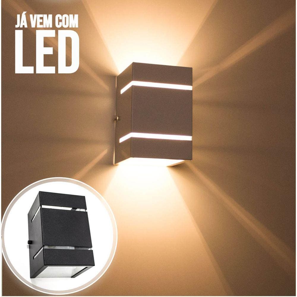 Arandela Preta + LED 5W 3000K luminária Externa Parede Muro  2 Focos Frisos Fachos St327