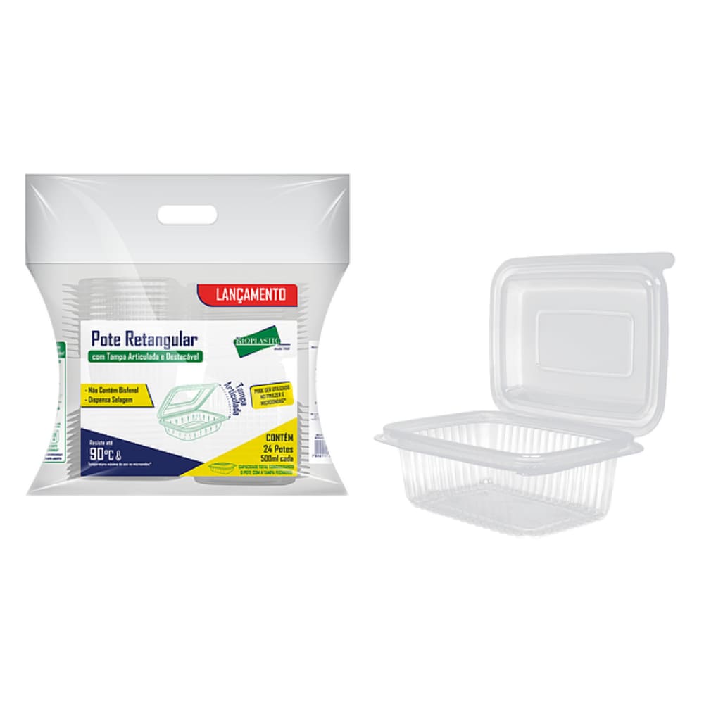 Pote Retangular C/ Tampa Articulada 500ml c/ 24un Rioplastic