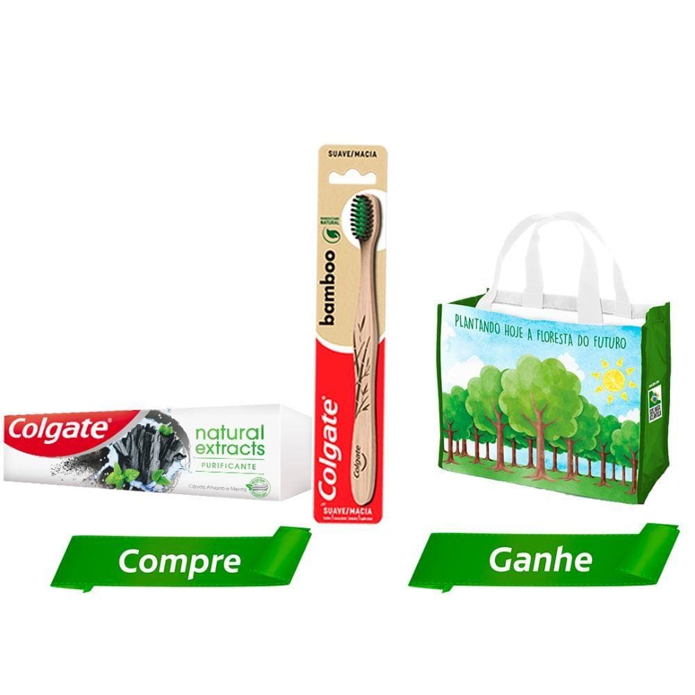 Kit Creme Dental Colgate Natural Extracts Purificante 90g + Escova Dental Bamboo + Sacola Ecologica