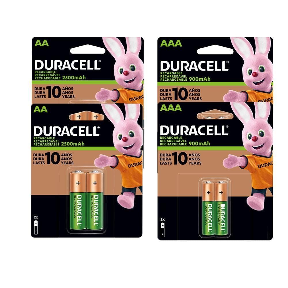 Kit com 2 Pilhas Duracell Alcalina Palito AAA +2 AA Recarregável 2 Unidades cada
