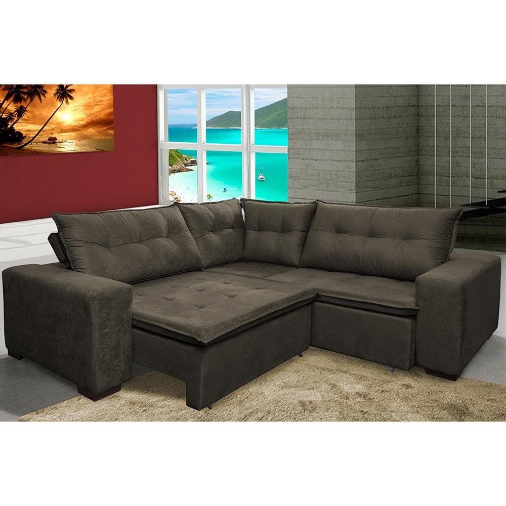Sofa de Canto Retrátil e Reclinável com Molas Cama inBox Oklahoma 2,50m Suede Velusoft Café