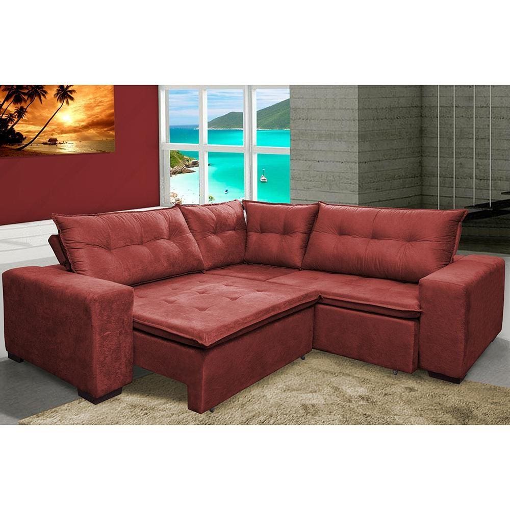 Sofa de Canto Retrátil e Reclinável com Molas Cama inBox Oklahoma 2,20m Suede Velusoft Vermelho