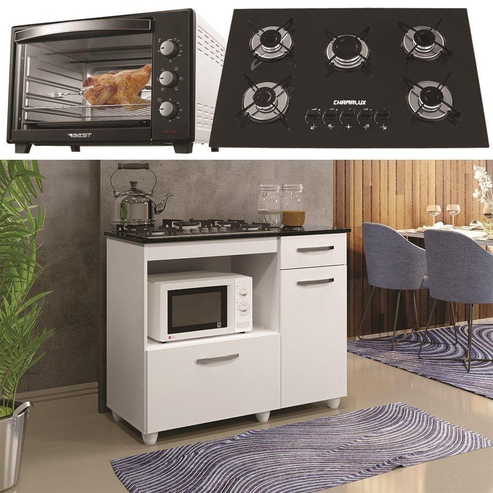 Kit Balcão Branco Com Forno 48 Litros 110v e Fogão 5 Bocas