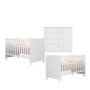 Kit Berço Gemeos 1344 Com Rodízios e Cômoda 2561 Linha Doce Sonho Qmovi
