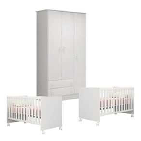 Kit Berço Gemeos 1344 Com Rodízios e Guarda Roupa 2617 Linha Doce Sonho Qmovi