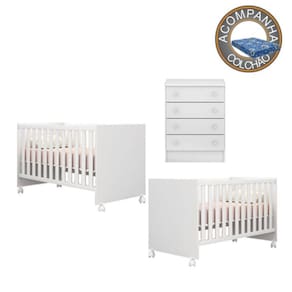 Kit Berço Gemeos 1344 Com Rodízios Com Colchão Baby Physical e Cômoda 777 Linha Doce Sonho Qmovi Ortobom