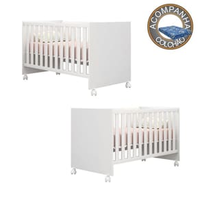 Kit Berços Gemeos 2 em 1 Americano Com Rodízios Linha Doce Sonho Com Colchão 130x70 cm Baby Physical Qmovi Ortobom