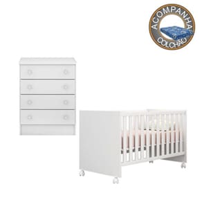 Kit Berço 1344 Com Rodízios Com Colchão Baby Physical e Cômoda 777 Linha Doce Sonho Qmovi Ortobom