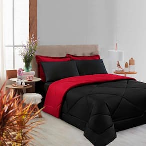 Kit 6 Pçs Afável com Cobertor e Lençol Casa Dona Preto e Vermelho