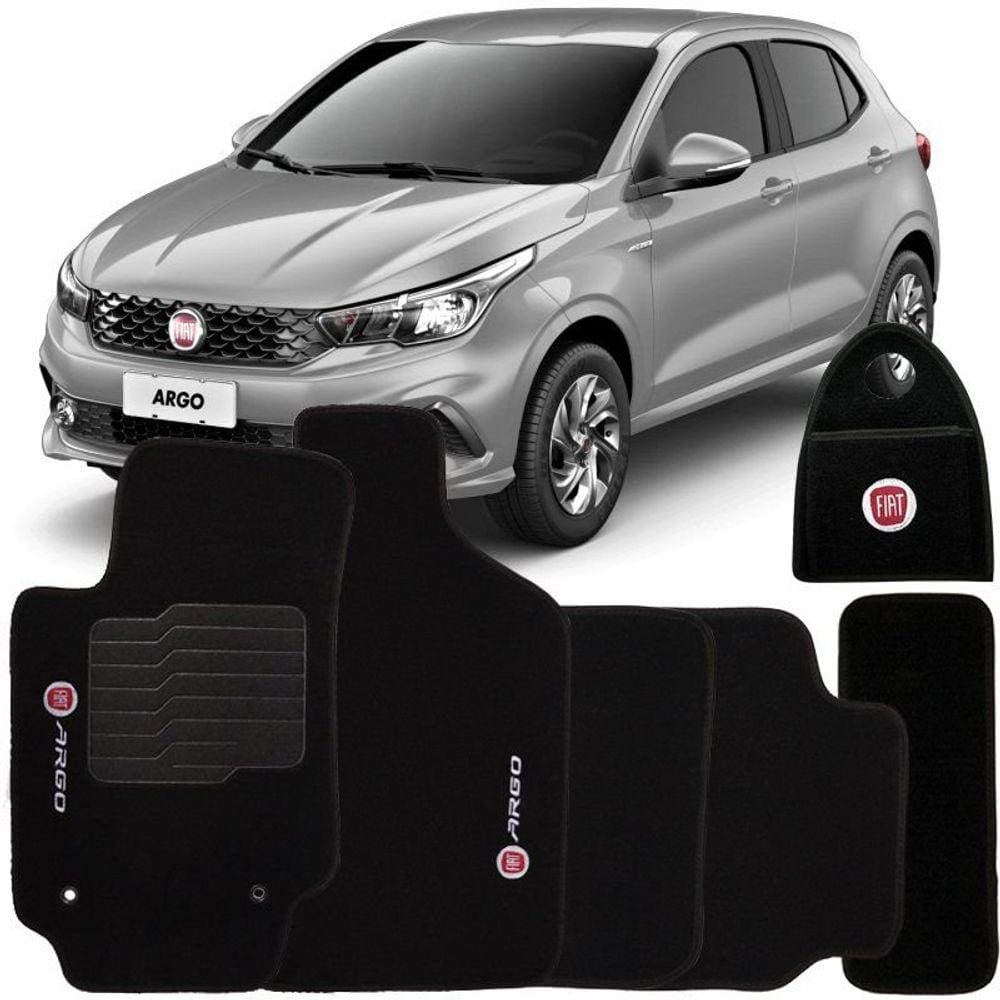 Jogo Tapete Automotivo Carpete + Lixeira Fiat Argo 2017 à 2019 Soft Logo Bordado 6 Peças