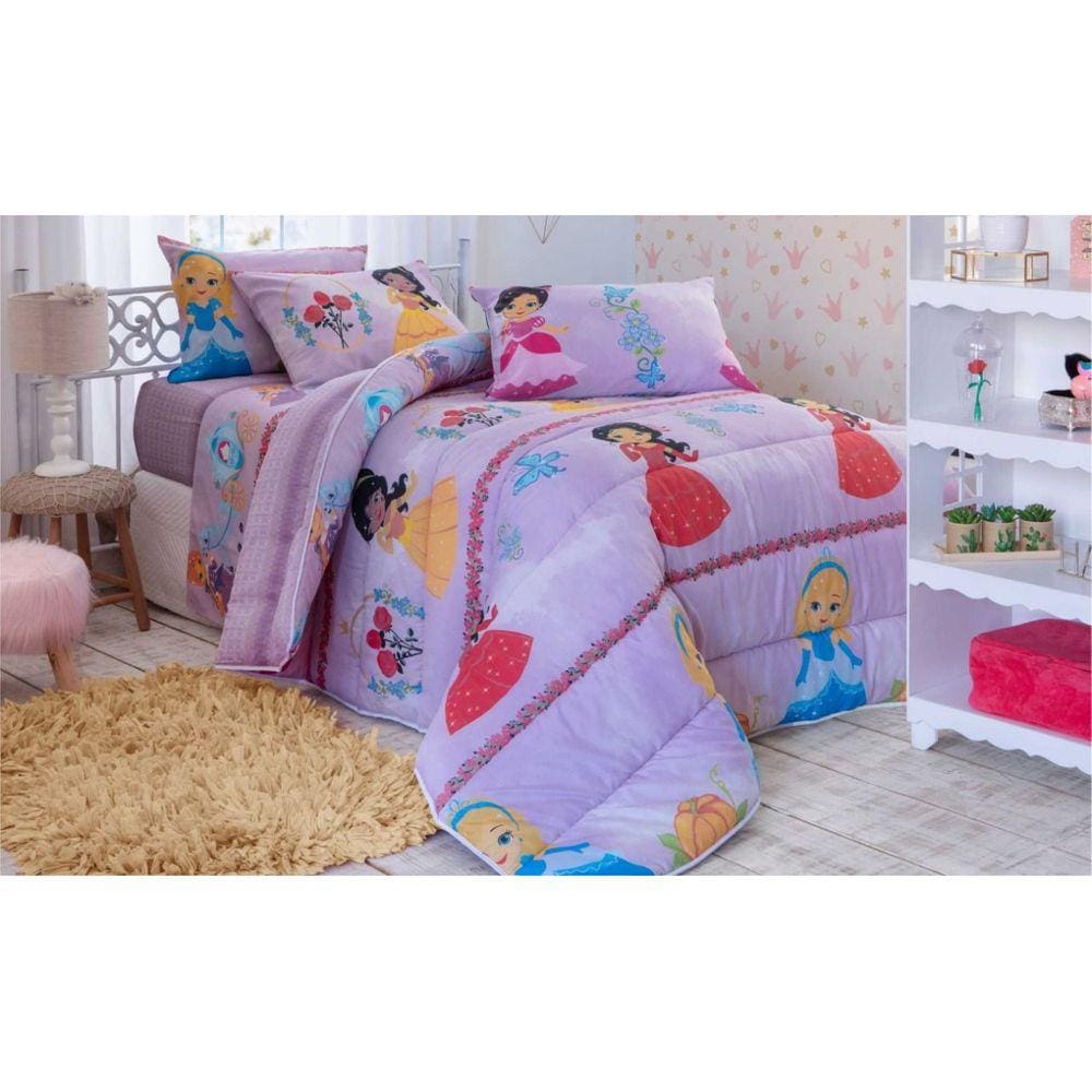 Jogo de Cama Solteiro Princesas Lilas Menina 3 Peças