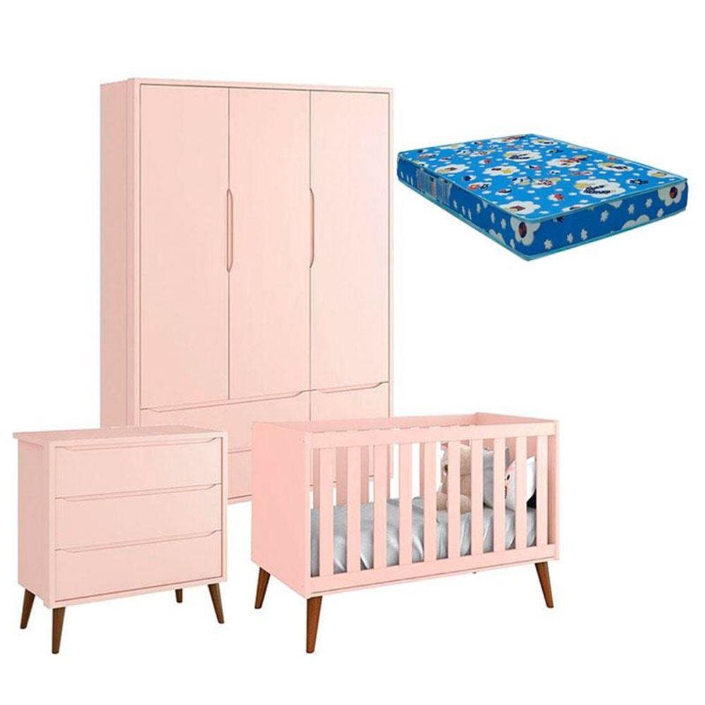 Quarto de Bebê Theo 3 Portas com Colchão e Cômoda Gaveteiro Pés Amadeirados