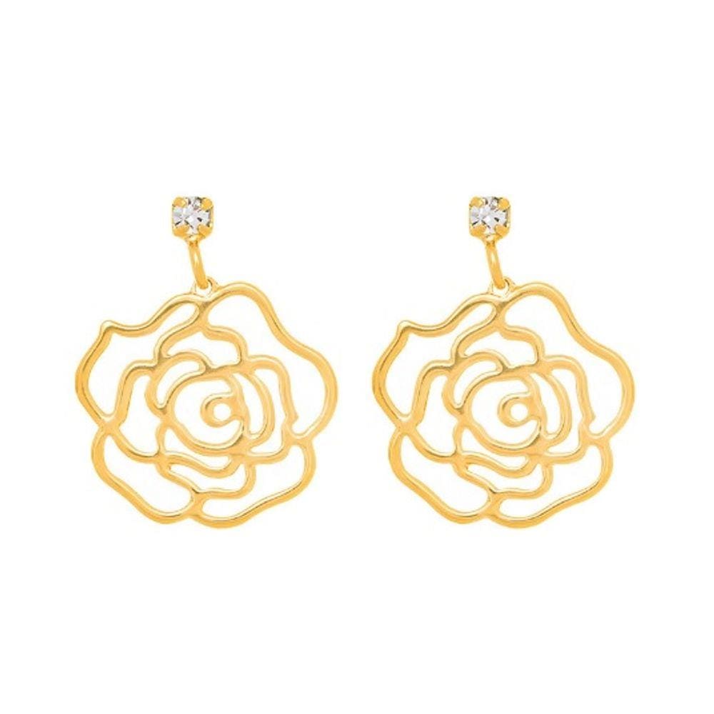 Brinco Rommanel Banhado A Ouro 18k Cristal Com Flor Rosa Vazada 523542
