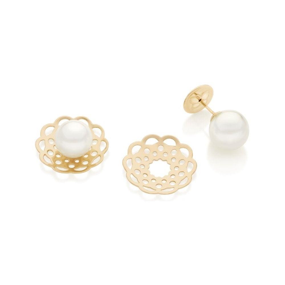 Brinco Rommanel Banhado Ouro Duplo Flor E Pérola 526293