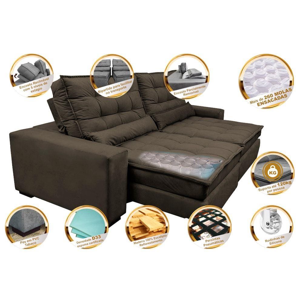 Sofá Retrátil e Reclinável com Molas Ensacadas Cama inBox Gold 2,52m Tecido Suede Velusoft