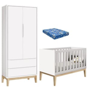 Berço Americano com Colchão e Guarda Roupa Classic 2 Portas Pés Madeira Natural - Reller
