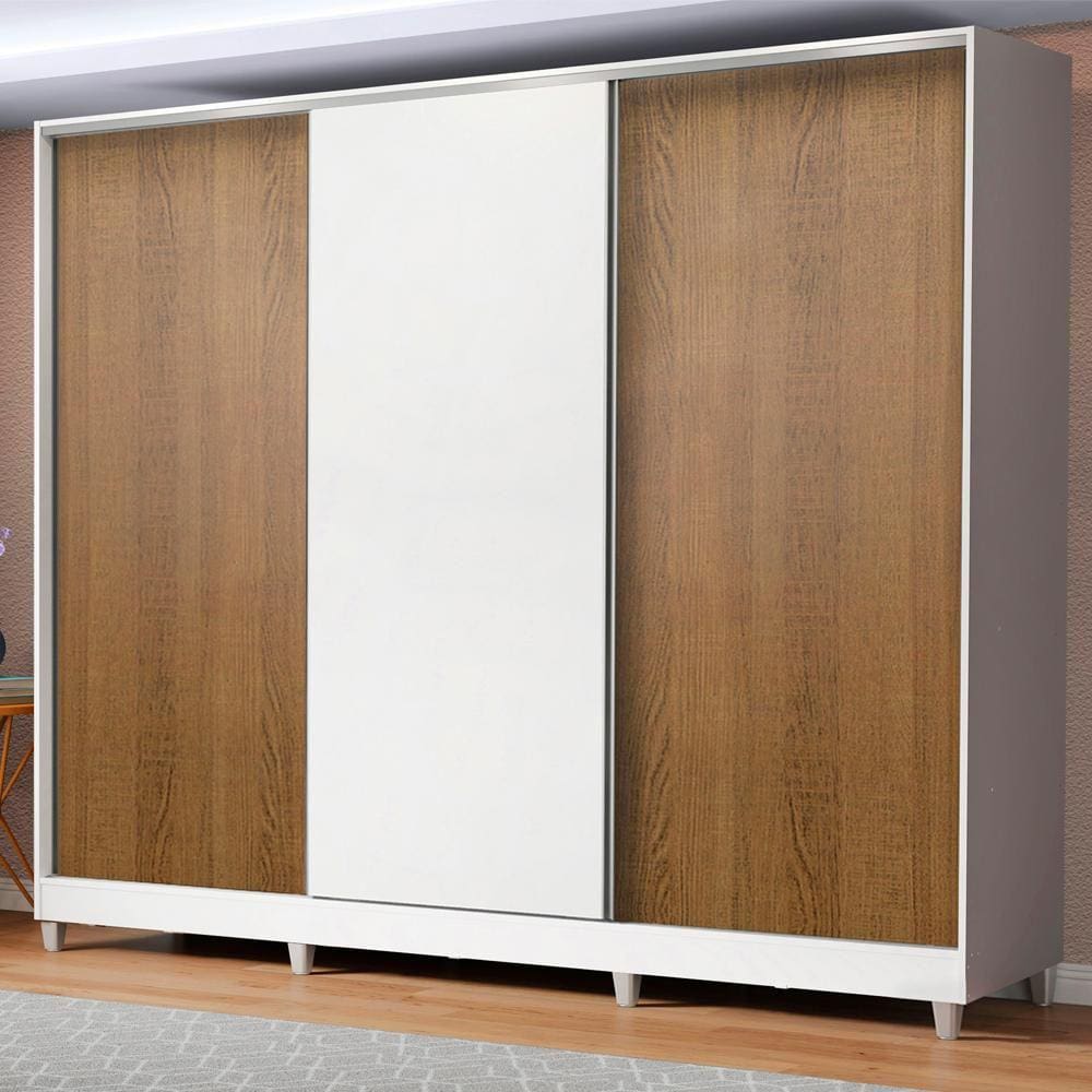 Guarda Roupa Infantil 100% MDF Madesa Logan 3 Portas de Correr com Pés - Branco/Rustic/Branco