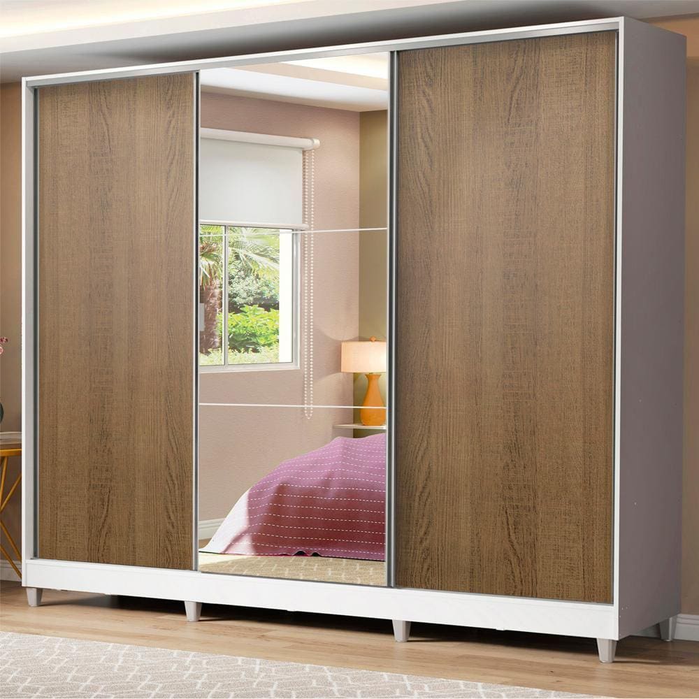Guarda Roupa Infantil 100% MDF Madesa Logan 3 Portas de Correr com Espelho com Pés - Branco/Rustic