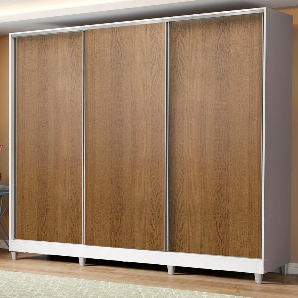 Guarda Roupa Infantil 100% MDF Madesa Logan 3 Portas de Correr com Pés - Branco/Rustic