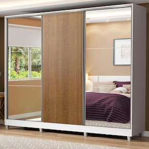Guarda Roupa Infantil 100% MDF Madesa Logan 3 Portas de Correr com Espelhos com Pés - Branco/Rustic