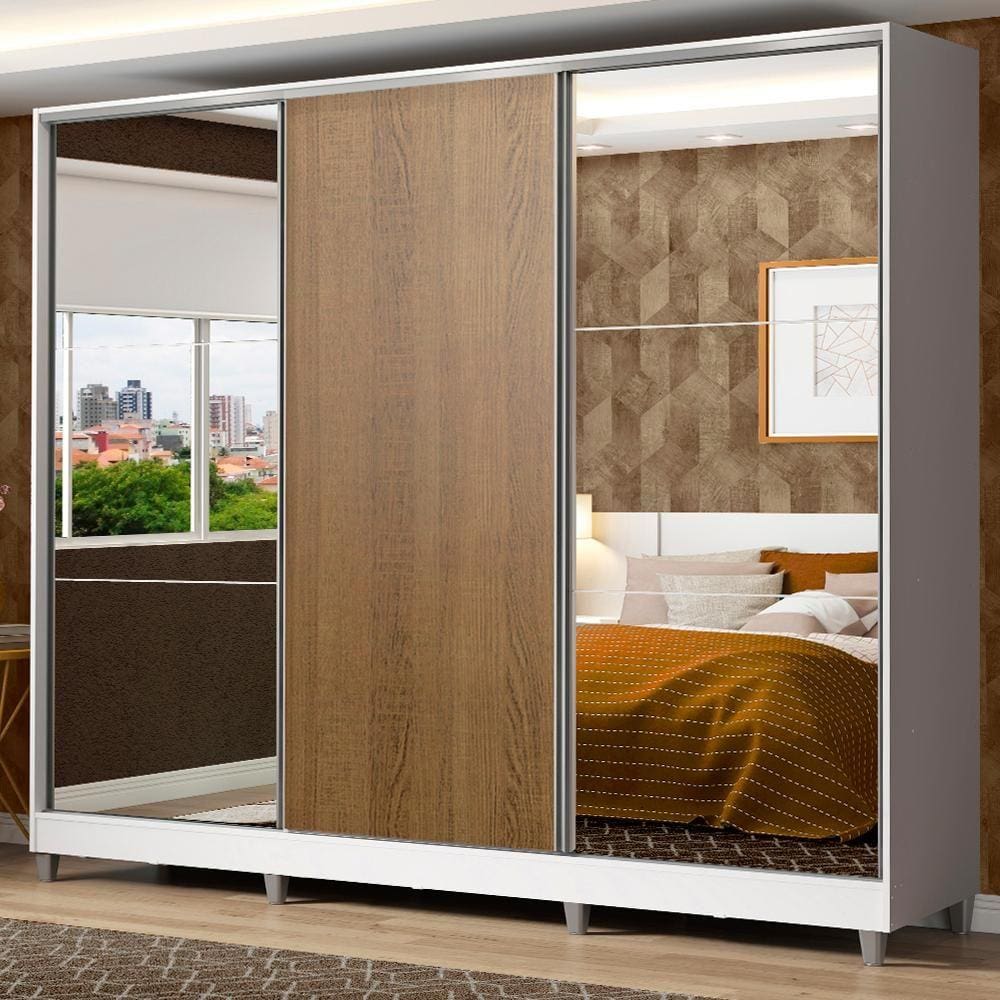 Guarda Roupa Casal 100% MDF Madesa Zurique 3 Portas de Correr com Espelhos com Pés - Branco/Rustic