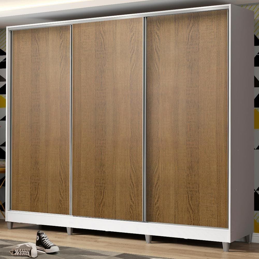 Guarda Roupa Juvenil 100% MDF Madesa Kevin 3 Portas de Correr com Pés - Branco/Rustic